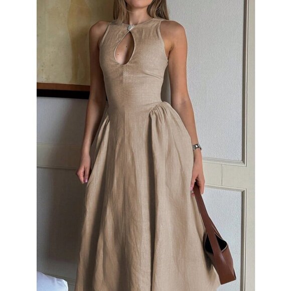 Hollow Front Cinched Waist A-Line Side Ruched Maxi Dress tan - Picture 1 of 7